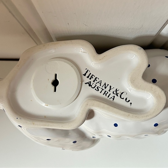 Vintage Tiffany & Co White Porcelain Piggy Bank Rabbit / Bunny Blue Polka Dots - Picture 2 of 6